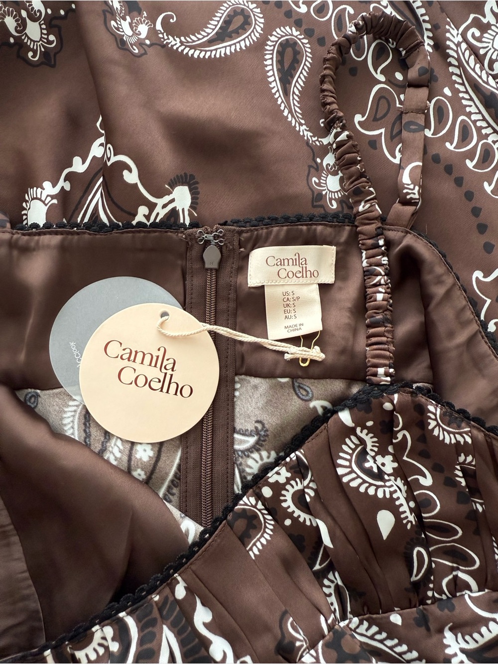 ๐ Camila Coelho Bandana Brown Paisley Slip Maxi Dress with Cream Accents - Picture 6 of 6